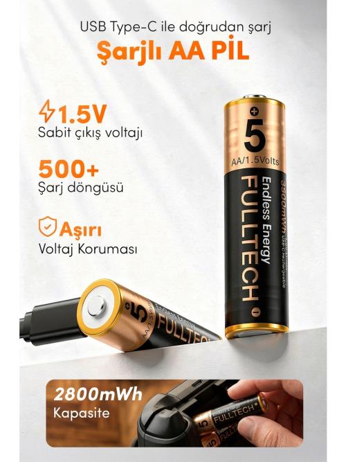 Fulltech FP28 Şarjlı AA Pil 2800mWh 1.5V Type-C Lithium-ion Rechargeable Battery 2’li Paket Hızlı Şarjlı